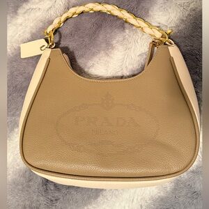 NWOT Inspired Taupe/Cream Leather Shoulder Bag with Braided Gold-Chain Handle